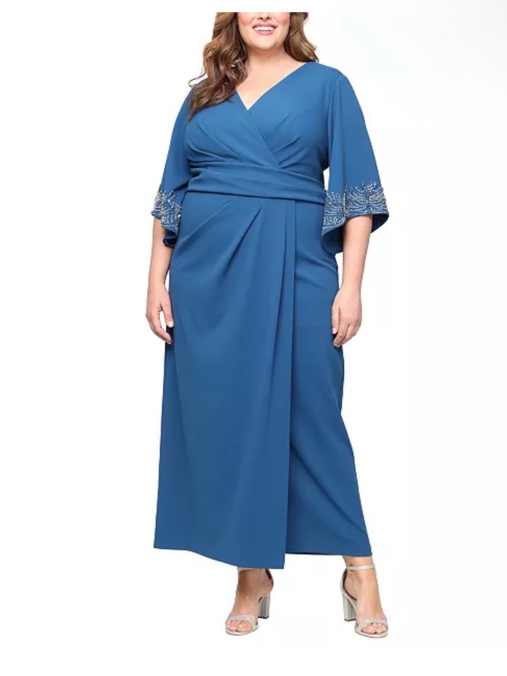 Alex Evenings Teal-Blue Wrap Maxi Dress with Beaded Elbow Sleeves